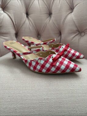 wild fable Red and White Gingham Pointed-Toe Slingback Mules with Bow